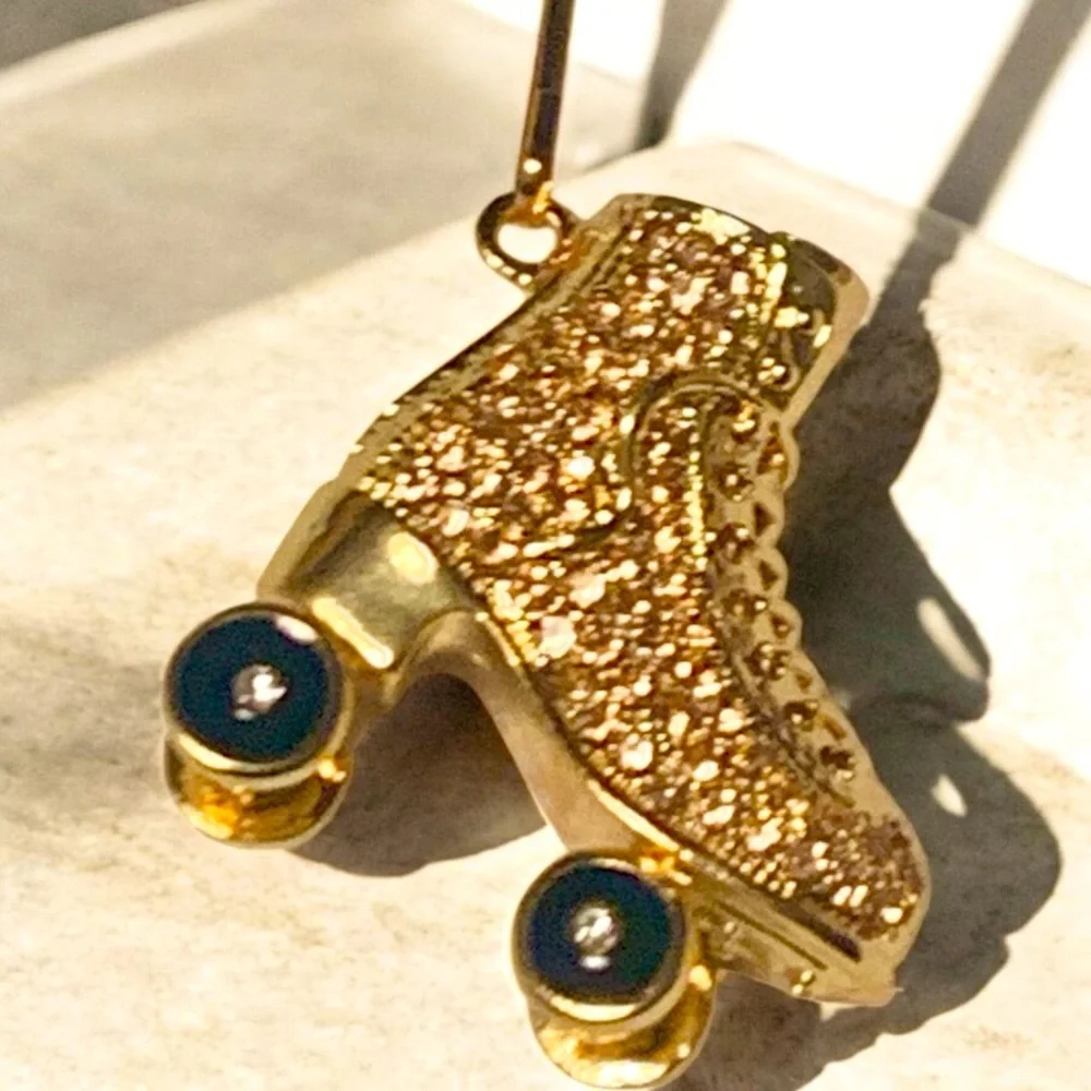 Roller Skate Golden Articulating Rhinestone Encrusted Keychain, Toggle Clasp